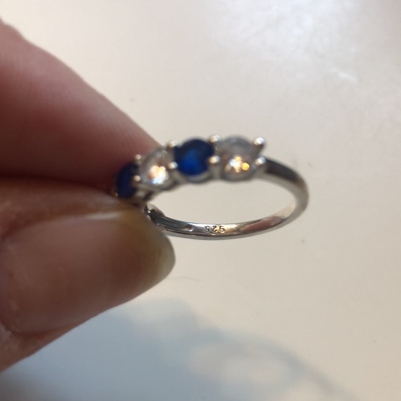 Blue and white lab created sapphire and silver (925 stamped) size 7 ring - Picture 2 of 4